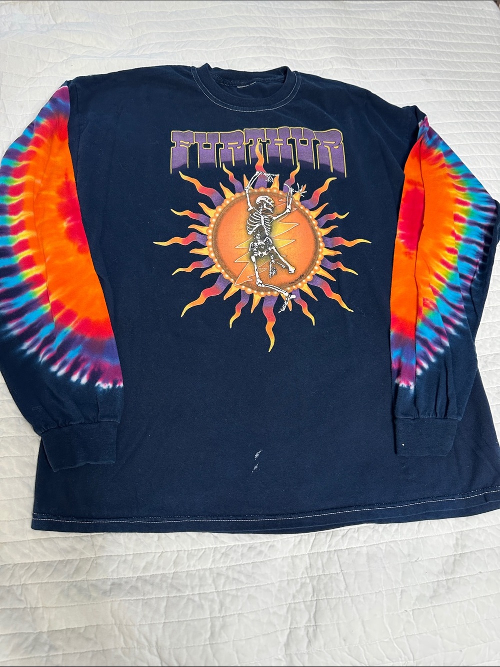Tie-Dye Sleeve Graphic Long Sleeve Shirt with Sun Skeleton Furthur Grateful dead